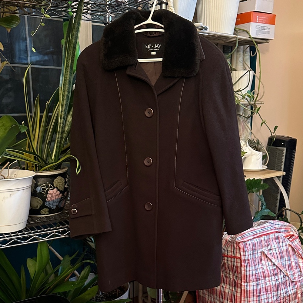 Vintage Me-Jay Black Pea Coat with Faux Fur Collar